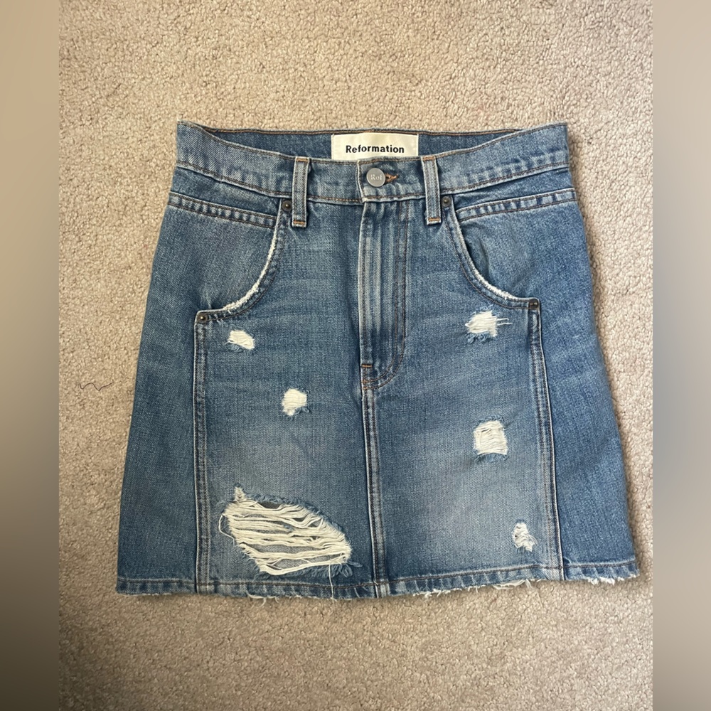 Reformation High-Waisted Distressed Denim Jean Mini Skirt